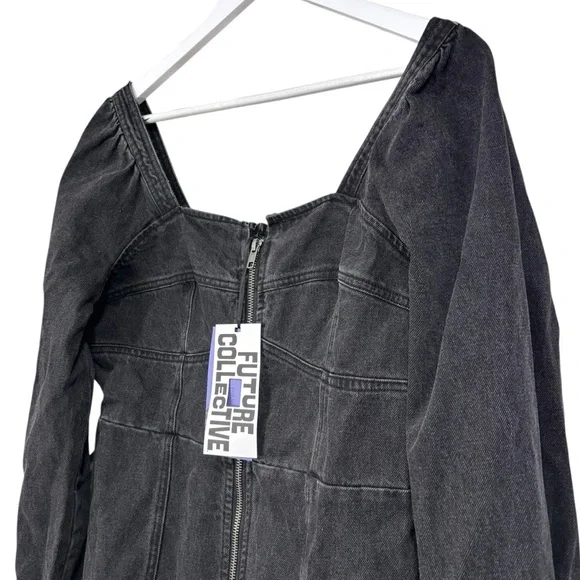 Future Collective Black Denim Long Sleeve Bustier Zipper Dress Size 14 NWT - Picture 3 of 12